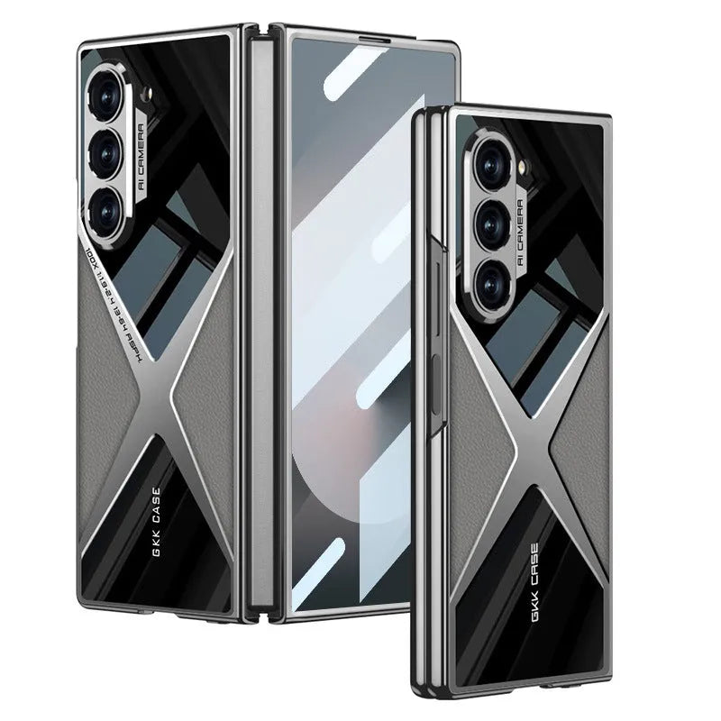 Cool Design Electroplated PU Leather Spliced Protective Shell with 9H Tempered Screen Protector for Samsung Galaxy Z Fold6/5/4/3