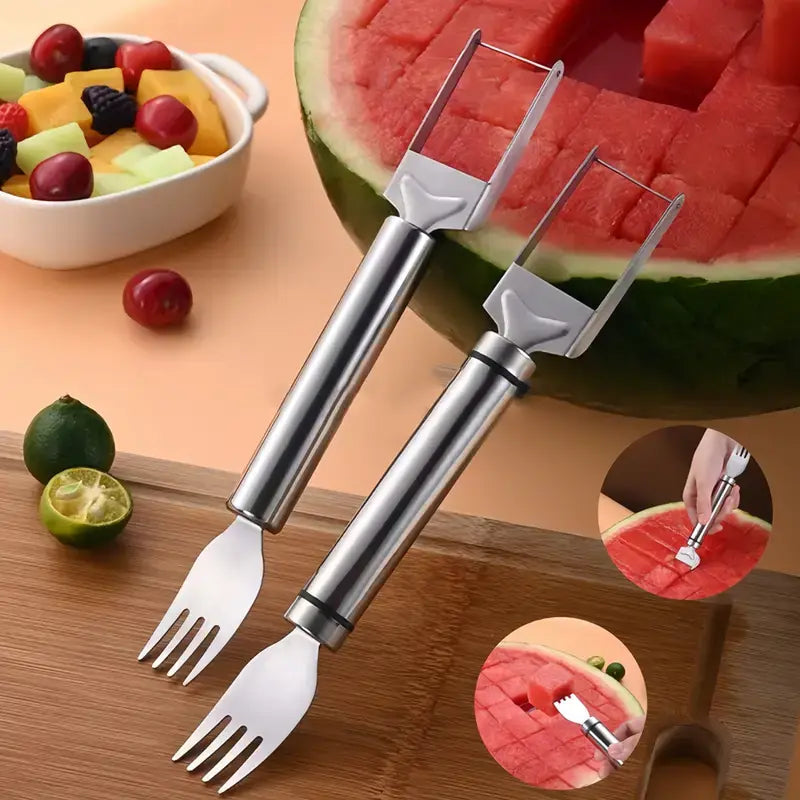 🍉 Summer Sale - Buy 2 Get 1 FREE🔥 | 2-in-1 Watermelon Cutter &amp; Fork Set – Perfect Cubes in Seconds, No Mess, Stainless Steel Fruit Slicer 🍉