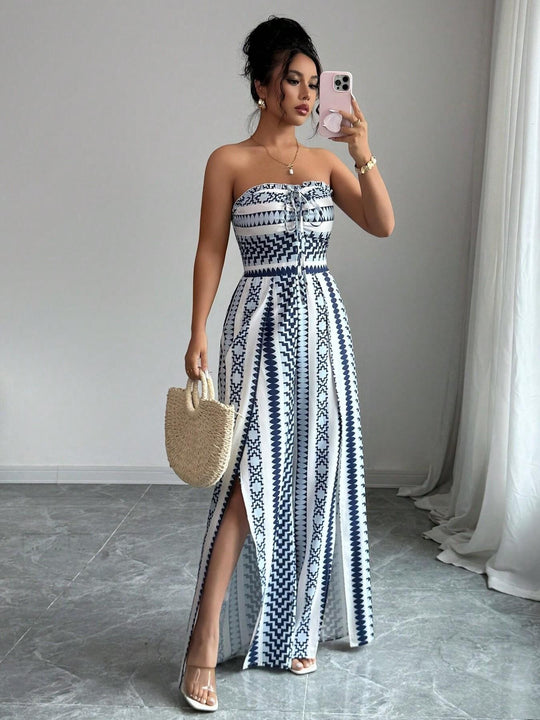 👗50% OFF NOW!💥Geometric Jumpsuit with Halter Neckline &amp; Side Slit – Unique print &amp; elastic back – Versatile, perfect for summer parties or resort wear ✨