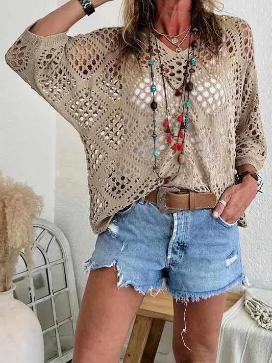 🔥💐FRÜHJAHRSANGEBOT⚡ÜBER 50.000 VERKAUFT!✨ Beige Häkeltop im Boho-Stil mit V-Ausschnitt für Damen