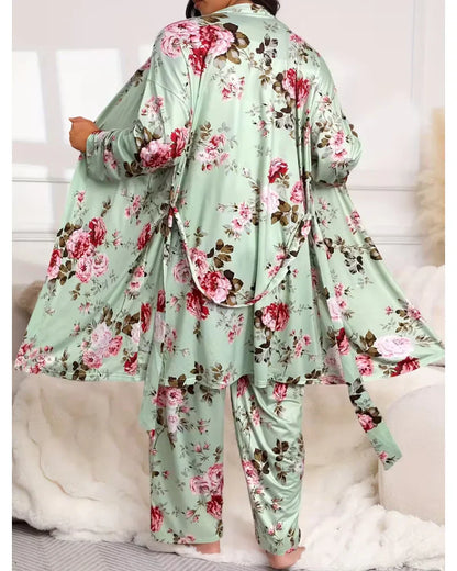 Gemütliches 3-teiliges Pyjama-Set – Bademantel, Hemd und lange Hose