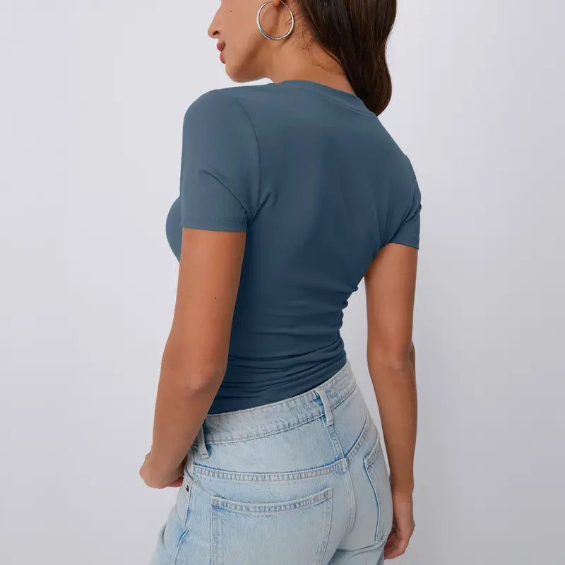 Damen trendiges Slim Fit Oberteil mit V-Ausschnitt und kurzen Ärmeln