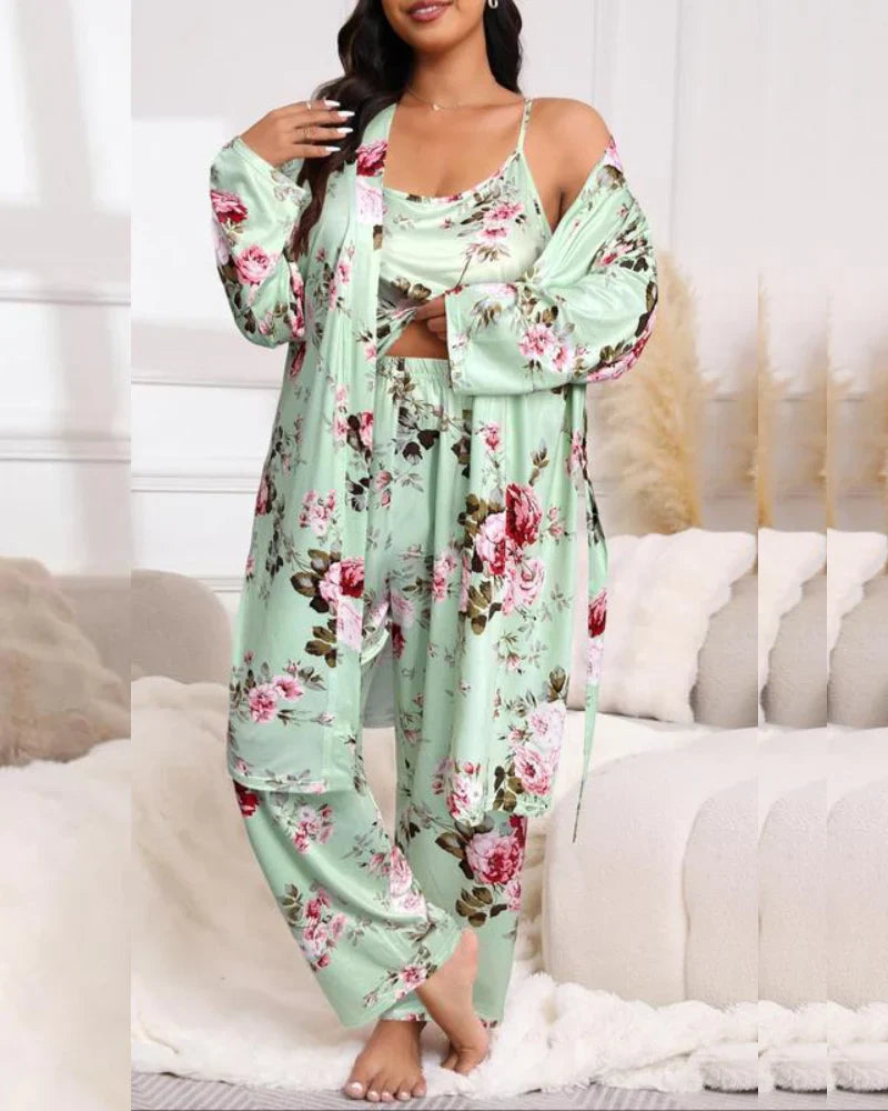 Gemütliches 3-teiliges Pyjama-Set – Bademantel, Hemd und lange Hose