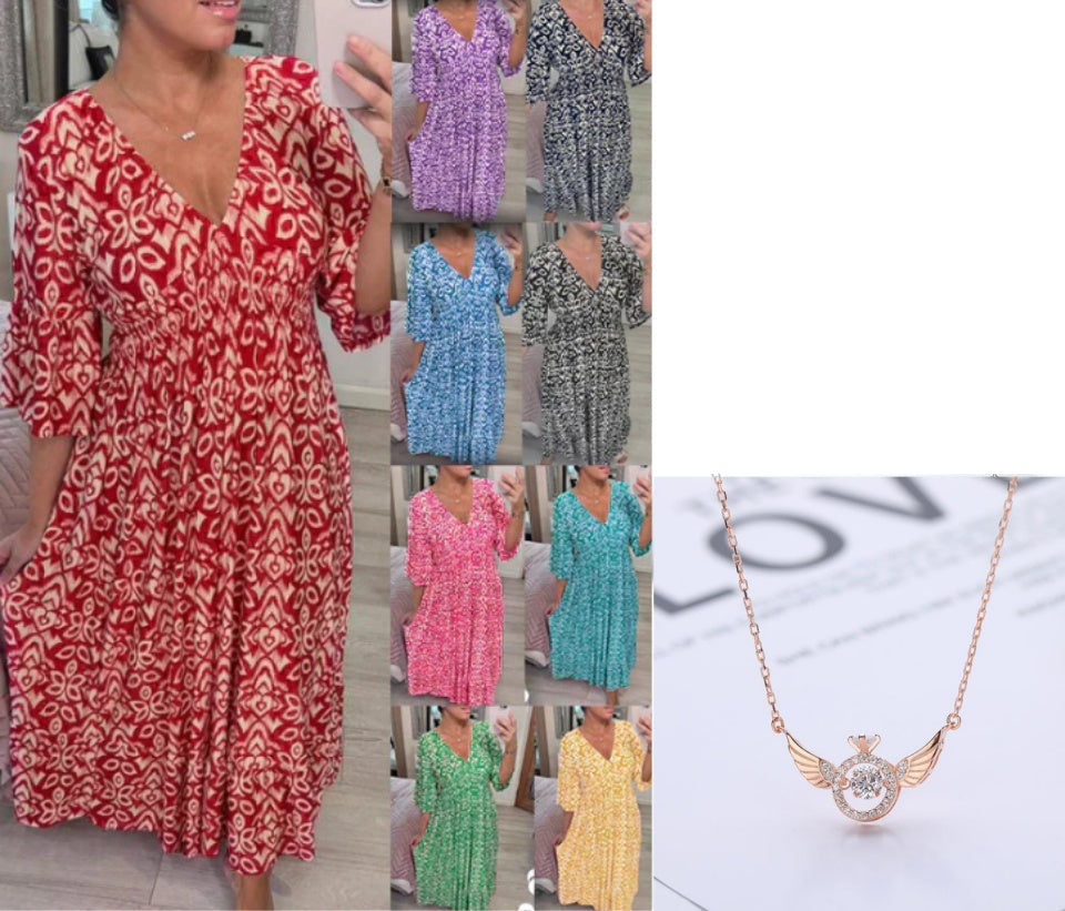 💖LAST DAY SALE 50% OFF💖Bohemian casual print V-neck waist wrap long dress