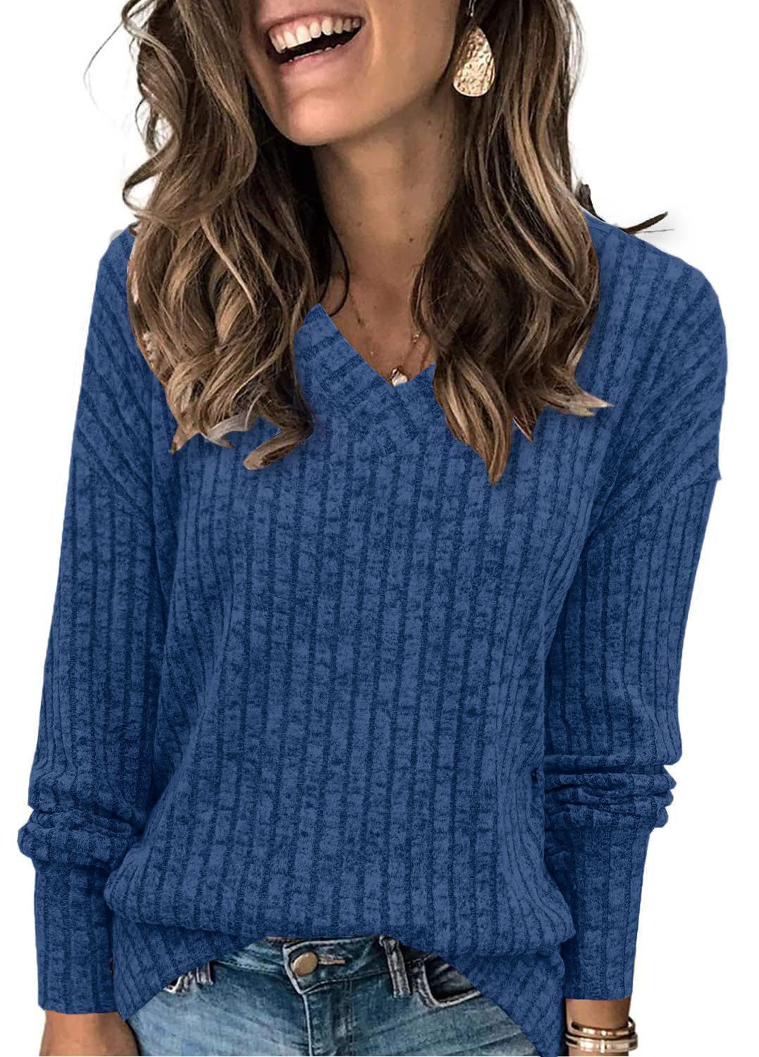 Damen-Pullover mit V-Ausschnitt und langen Ärmeln in Uni-Farbe