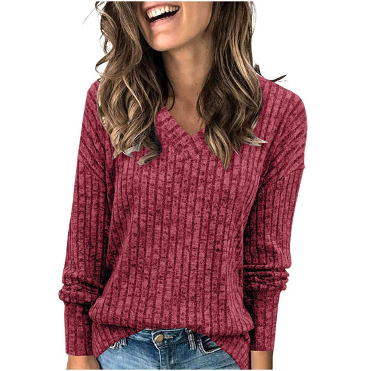 Damen-Pullover mit V-Ausschnitt und langen Ärmeln in Uni-Farbe