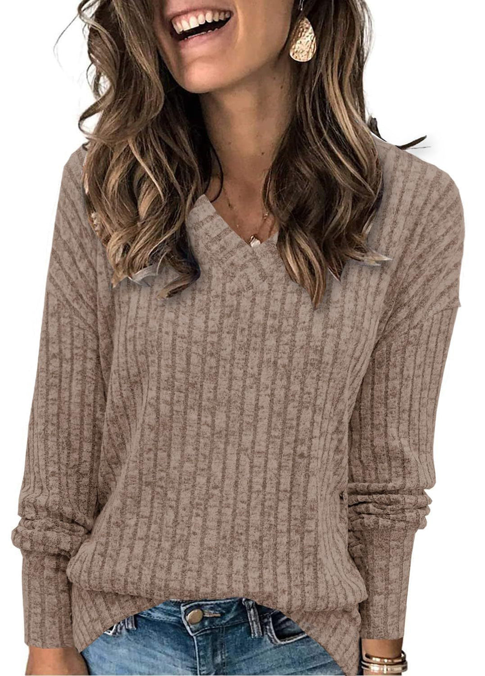 Damen-Pullover mit V-Ausschnitt und langen Ärmeln in Uni-Farbe