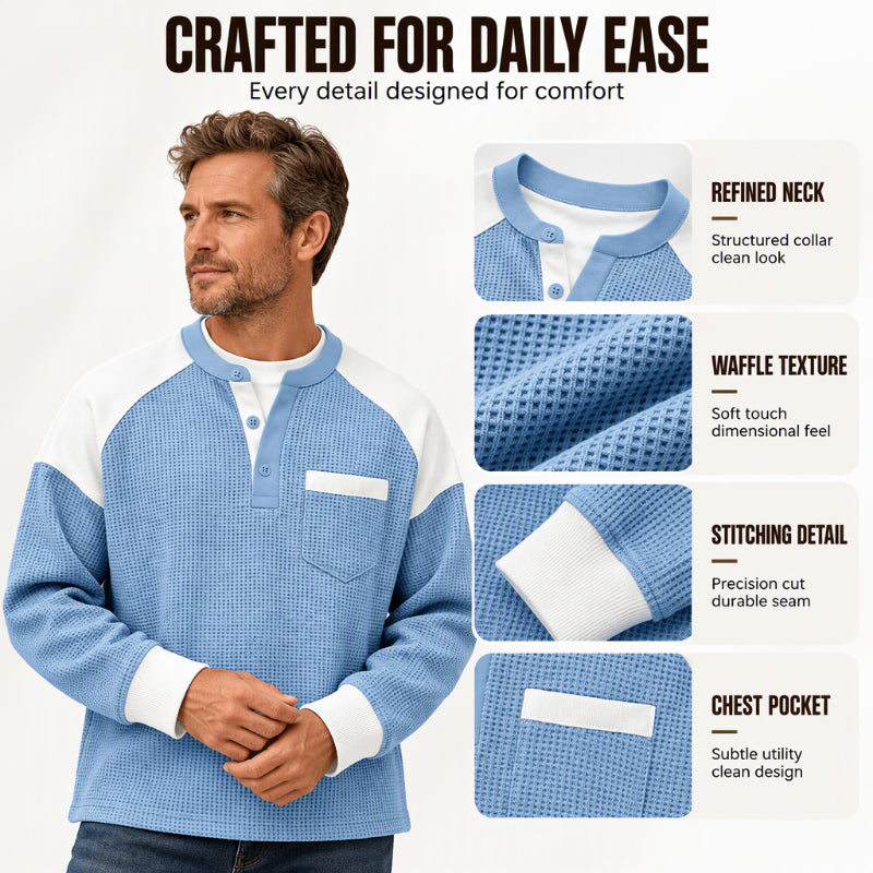 Men’s casual Henley top with a color-block design and waffle-knit texture