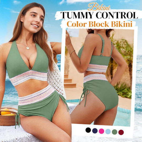 🔥 Hot Sale! High Waisted Tummy Control Bikini Set 🌴 Color Block Summer Swimwear ✨ Flattering &amp; Trendy