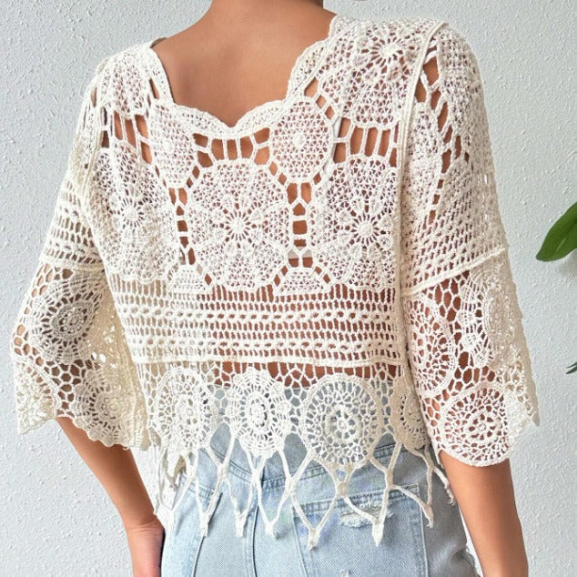 🌴Boho Chic Swim Cover-Up✨ Fringe Knit Top with 3/4 Sleeves👙 Casual Beach &amp; Party Wear☀️ Spring &amp; Fall
