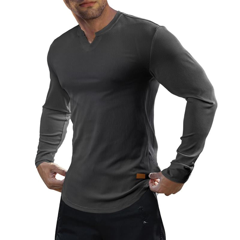 Men's Athletic Longline Ribbed Top 🔥 – V-Neck Long Sleeve, Moisture-Wicking for Gym Sessions/Casual