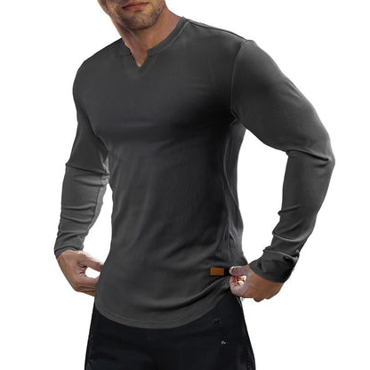 Men's Athletic Longline Ribbed Top 🔥 – V-Neck Long Sleeve, Moisture-Wicking for Gym Sessions/Casual
