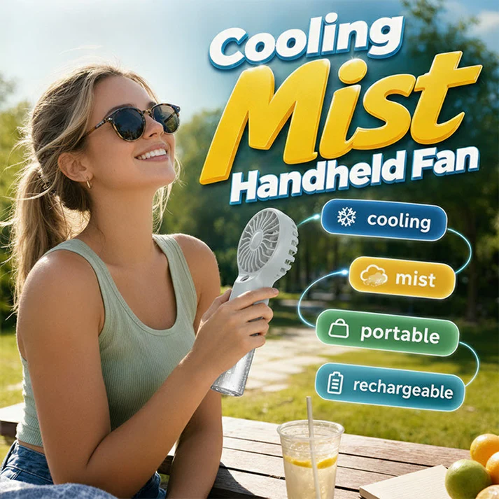 🏖️❄️ 50% OFF TODAY! 💦 Portable Handheld Mist Cooling Fan ✨ Instant Cooling Relief for Hot Summer Days, Travel &amp; Outdoor Activities