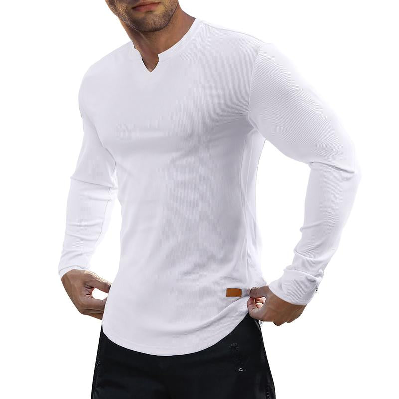 Men's Athletic Longline Ribbed Top 🔥 – V-Neck Long Sleeve, Moisture-Wicking for Gym Sessions/Casual