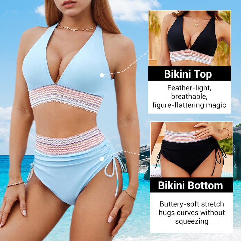 🔥 Hot Sale! High Waisted Tummy Control Bikini Set 🌴 Color Block Summer Swimwear ✨ Flattering &amp; Trendy