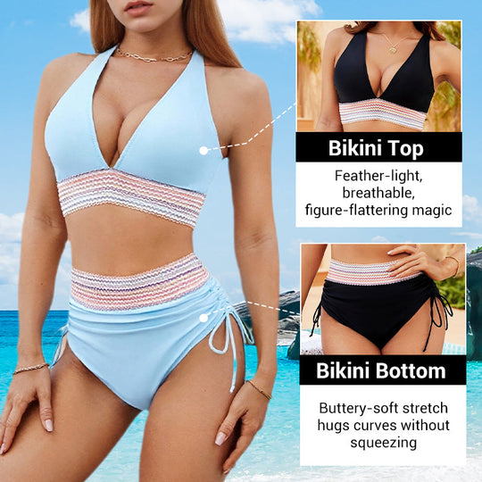 🔥 Hot Sale! High Waisted Tummy Control Bikini Set 🌴 Color Block Summer Swimwear ✨ Flattering &amp; Trendy
