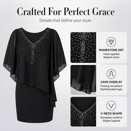 🌸2026 Summer Specials💐Rhinestone V-Neck Cape Dress with Chiffon Overlay