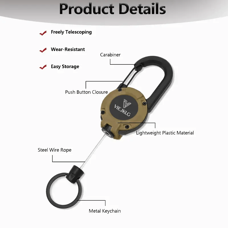 🔑Retractable Carabiner Keychain – 65cm steel lanyard, 100,000 pull cycles. Lightweight &amp; sturdy.