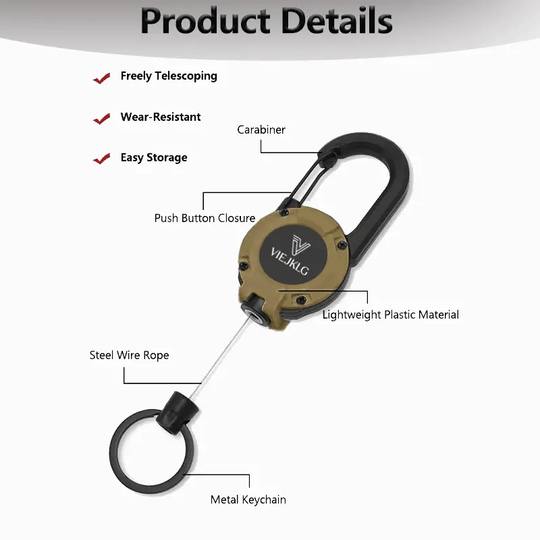 🔑Retractable Carabiner Keychain – 65cm steel lanyard, 100,000 pull cycles. Lightweight &amp; sturdy.