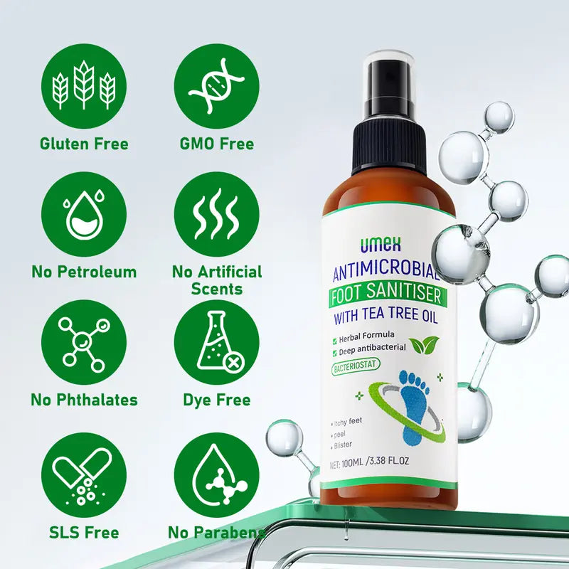 UMEX Tea Tree Foot Spray Kills Fungus &amp; Odor Fast 97% Stink Elimination Repair Cracked Heels 100ml Quick-Dry Formula Clinically Tested Natural Antiseptic - Moisturizing Intensive Foot Care Foot Care Tool
