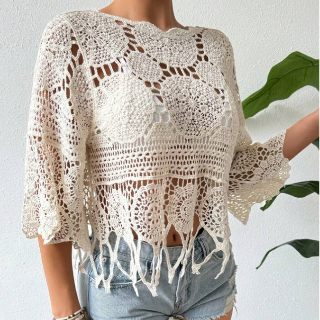 🌴Boho Chic Swim Cover-Up✨ Fringe Knit Top with 3/4 Sleeves👙 Casual Beach &amp; Party Wear☀️ Spring &amp; Fall
