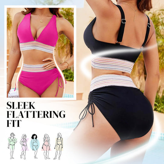 🔥 Hot Sale! High Waisted Tummy Control Bikini Set 🌴 Color Block Summer Swimwear ✨ Flattering &amp; Trendy