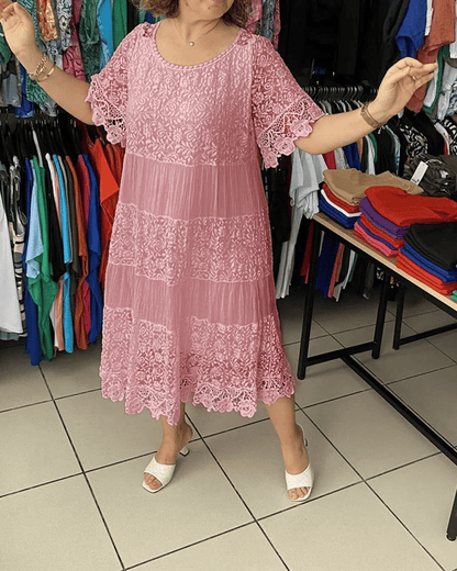 💕Einfarbiges Kleid mit kurzen Ärmeln und Spitze