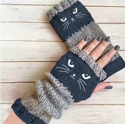 🔥Warm und kuschelig🧤Damen-Strickhandschuhe ohne Finger mit süßem Katzenmuster🐱