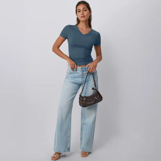 Damen trendiges Slim Fit Oberteil mit V-Ausschnitt und kurzen Ärmeln