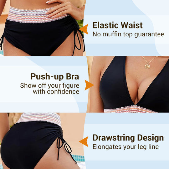 🔥 Hot Sale! High Waisted Tummy Control Bikini Set 🌴 Color Block Summer Swimwear ✨ Flattering &amp; Trendy