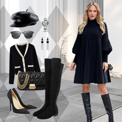 🔥50% Rabatt heute 🎁Elegantes Schwarzes Plisseekleid für Damen mit Laternenärmeln