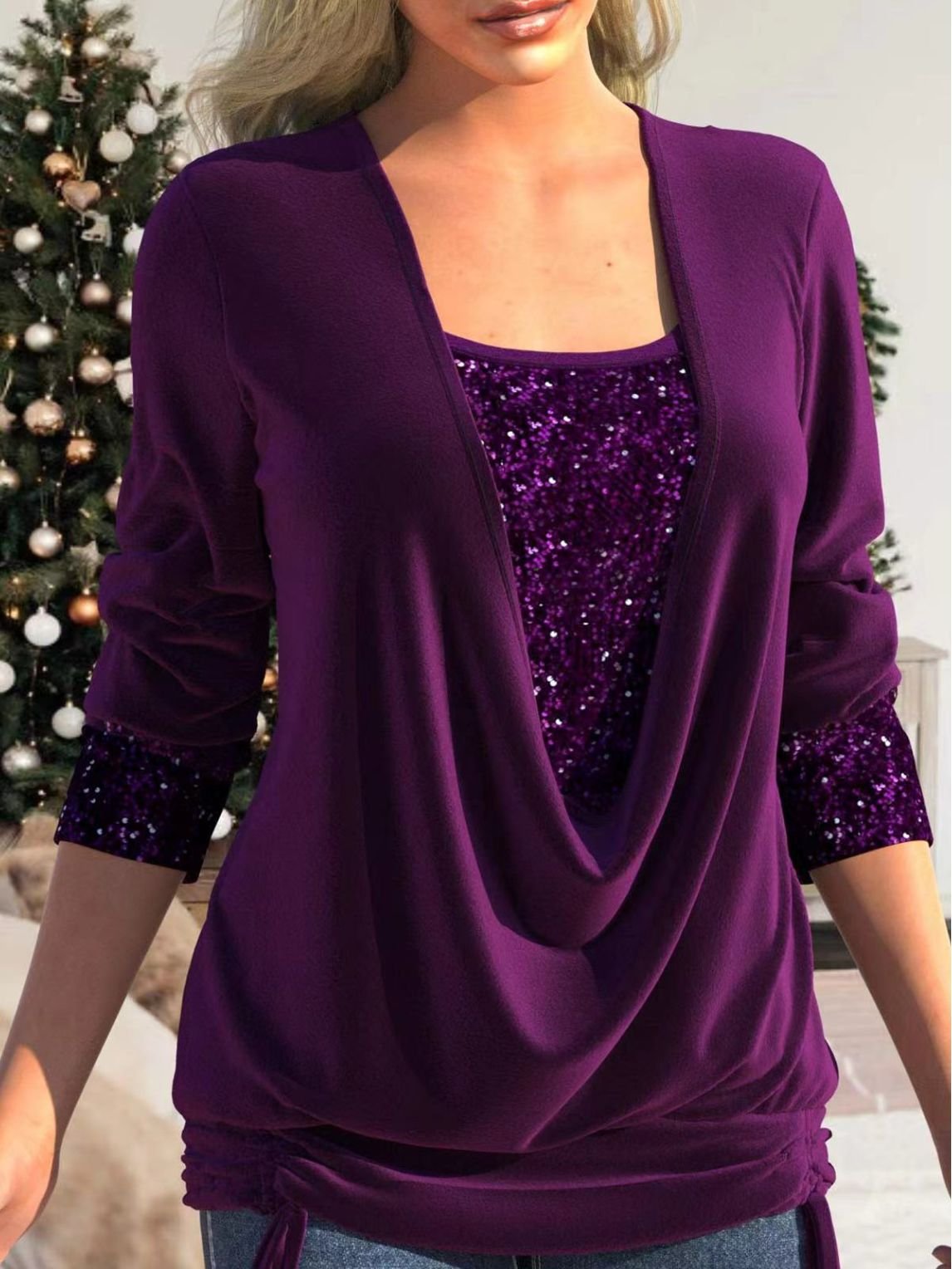 💜LETZTER TAG VERKAUF 50% RABATT💜Pailletten Fake-Zweiteiler-Top - Elastisches Glitzerstoff-Design mit Raffung für festliche Anlässe
