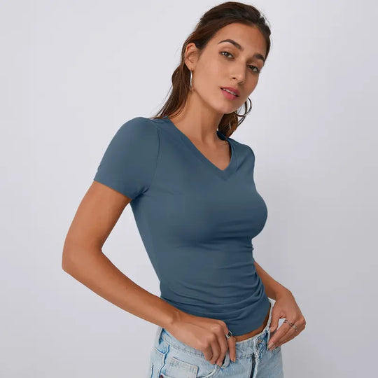 Damen trendiges Slim Fit Oberteil mit V-Ausschnitt und kurzen Ärmeln