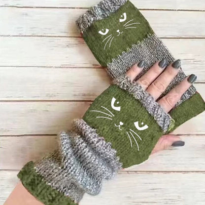 🔥Warm und kuschelig🧤Damen-Strickhandschuhe ohne Finger mit süßem Katzenmuster🐱