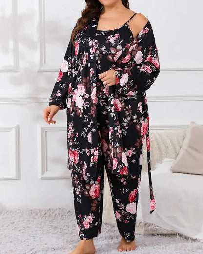 Gemütliches 3-teiliges Pyjama-Set – Bademantel, Hemd und lange Hose