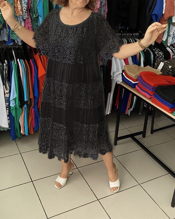 💕Einfarbiges Kleid mit kurzen Ärmeln und Spitze