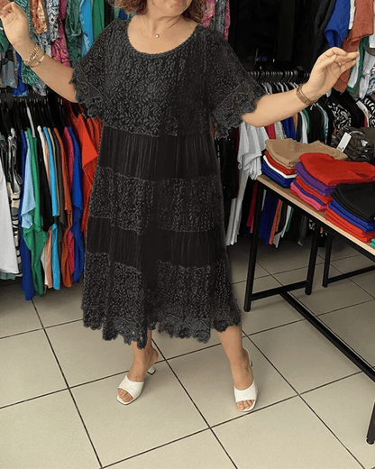 💕Einfarbiges Kleid mit kurzen Ärmeln und Spitze