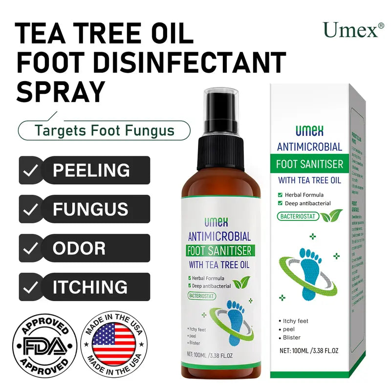 UMEX Tea Tree Foot Spray Kills Fungus &amp; Odor Fast 97% Stink Elimination Repair Cracked Heels 100ml Quick-Dry Formula Clinically Tested Natural Antiseptic - Moisturizing Intensive Foot Care Foot Care Tool