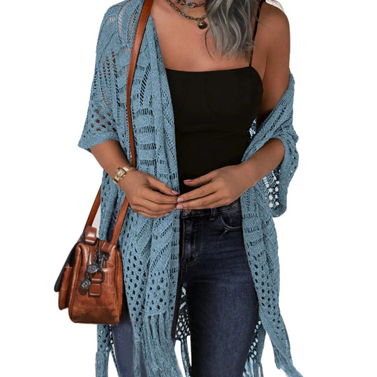 🥳2026 HOT SALE🥳💞50K+ SOLD!🌸☀️ 50% OFF – Just £19.99! Oversized Knit Cardigan – Lightweight crochet tassel kimono for spring &amp; summer. Breathable viscose‑nylon blend – no itch, no cling – layer over anything! 🧶✨
