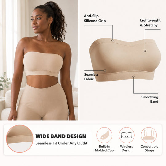 Anti-Slip Grip &amp; Removable Straps✨Convertible Strapless Bandeau Bra with Wireless Comfort👍Suitable for All Body Types