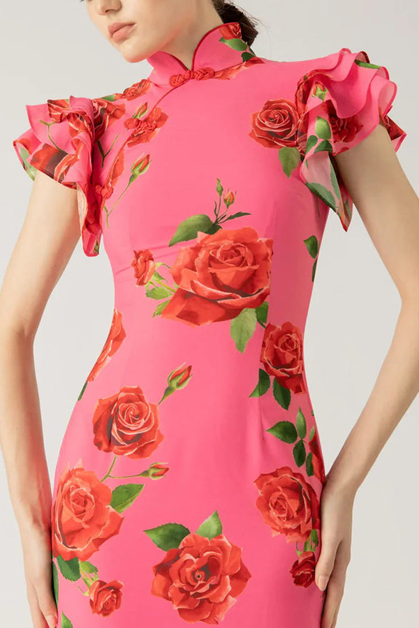 🎉Heiße Aktion: 51 % RABATT!🥳 Cheongsam-Stil Maxikleid mit Rosenblüten-Print, gestuften Volantärmeln und Stretch-Stoff.