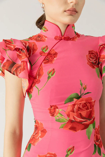 🎉Heiße Aktion: 51 % RABATT!🥳 Cheongsam-Stil Maxikleid mit Rosenblüten-Print, gestuften Volantärmeln und Stretch-Stoff.