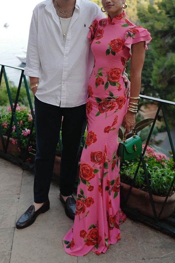 🎉Heiße Aktion: 51 % RABATT!🥳 Cheongsam-Stil Maxikleid mit Rosenblüten-Print, gestuften Volantärmeln und Stretch-Stoff.