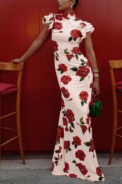 🎉Heiße Aktion: 51 % RABATT!🥳 Cheongsam-Stil Maxikleid mit Rosenblüten-Print, gestuften Volantärmeln und Stretch-Stoff.