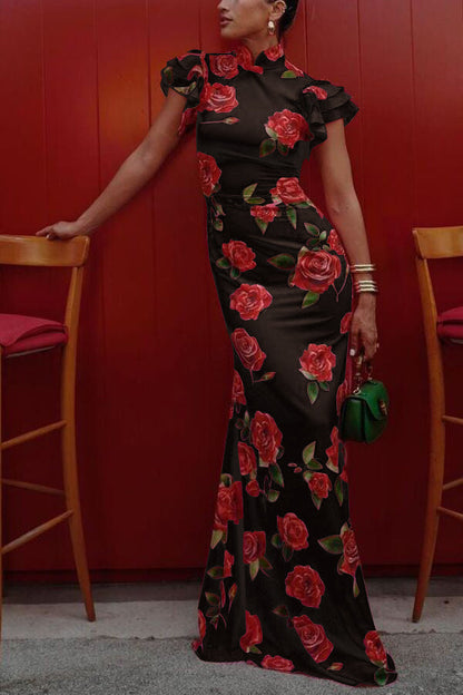 🎉Heiße Aktion: 51 % RABATT!🥳 Cheongsam-Stil Maxikleid mit Rosenblüten-Print, gestuften Volantärmeln und Stretch-Stoff.