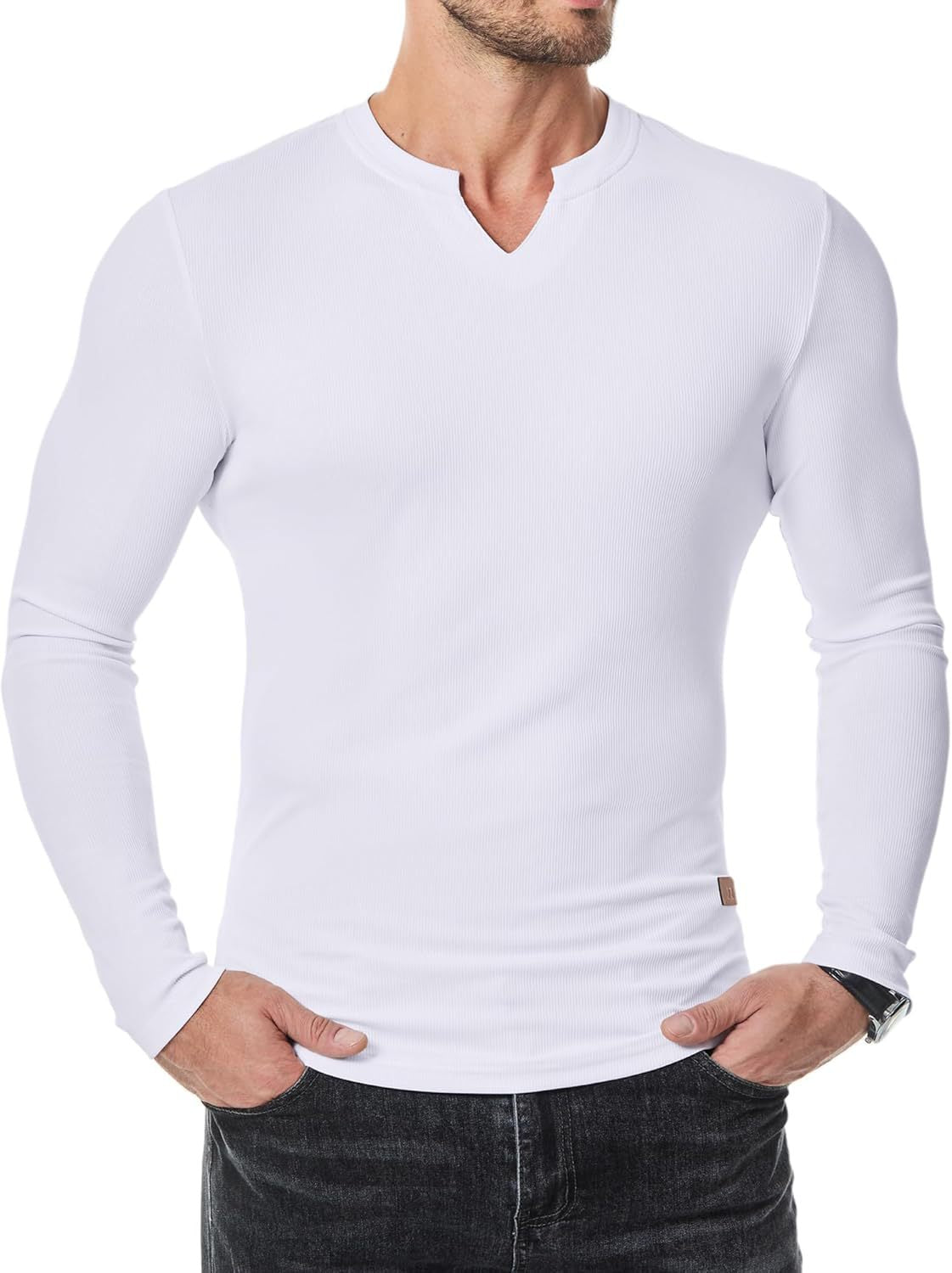 Men's Athletic Longline Ribbed Top 🔥 – V-Neck Long Sleeve, Moisture-Wicking for Gym Sessions/Casual