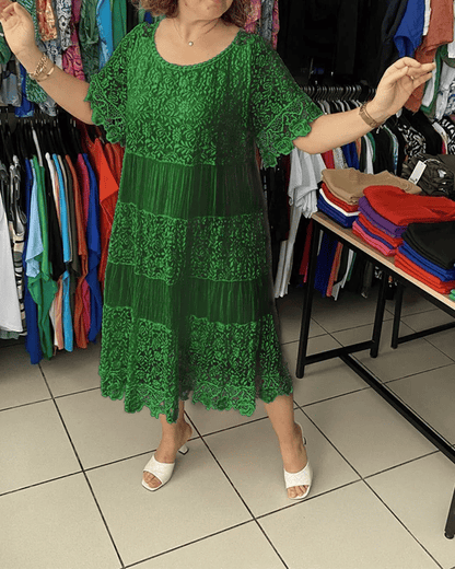 💕Einfarbiges Kleid mit kurzen Ärmeln und Spitze