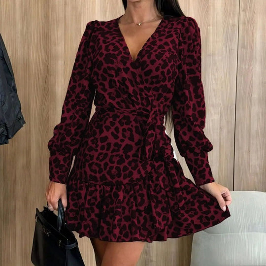 💖Black-Friday-Mega-Angebot – 50 % Rabatt!💖Leopardenprint Wickelkleid mit V-Ausschnitt und Taillengürtel