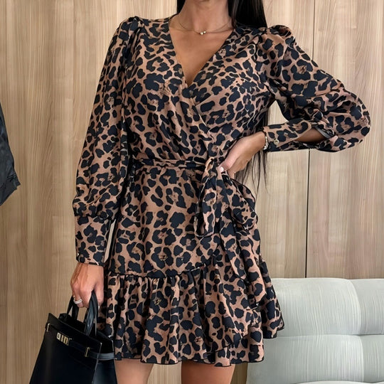 💖Black-Friday-Mega-Angebot – 50 % Rabatt!💖Leopardenprint Wickelkleid mit V-Ausschnitt und Taillengürtel