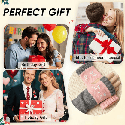 🔥Warm und kuschelig🧤Damen-Strickhandschuhe ohne Finger mit süßem Katzenmuster🐱